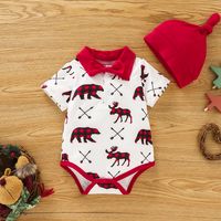 Summer New Baby Elk Bear Arrow Printed Bow Gentleman One-piece Romper + Solid Color Shorts Hat Three-piece Set main image 3