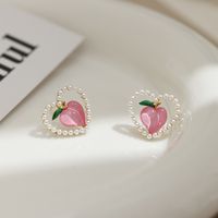 Fashion Peach Women Cute Pearl Hearth-shaped Alloy Stud Earrings sku image 1