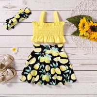 Summer New Children Solid Color Bow Suspenders High Waist Top And Lemon Printing Skirt Headscarf Three-piece Set main image 2