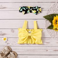 Summer New Children Solid Color Bow Suspenders High Waist Top And Lemon Printing Skirt Headscarf Three-piece Set main image 3