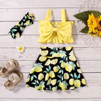 Summer New Children Solid Color Bow Suspenders High Waist Top And Lemon Printing Skirt Headscarf Three-piece Set sku image 2