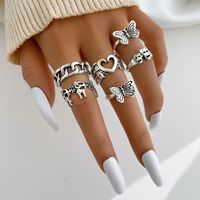Women's Creative Peach Heart Butterfly Antique Silver Knuckle Ring Six-piece Set main image 6