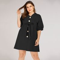 Plus Size Women's V-neck Retro Single-breasted Slim Solid Color Mid-sleeve Dress sku image 8