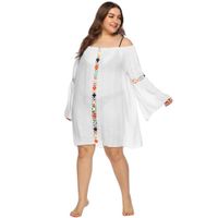 Plus Size Trumpet-sleeved One-word Collar Crocheted Loose See-through Beach Cover-up sku image 1