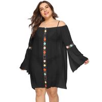 Plus Size Trumpet-sleeved One-word Collar Crocheted Loose See-through Beach Cover-up sku image 2