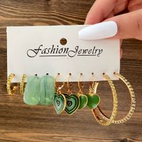 Creative Green Oil Dripping Love Heart Pendant Rhinestone Inlaid C- Shaped Earrings 5-piece Set sku image 3
