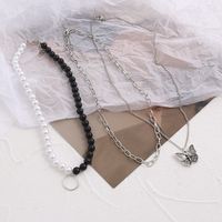 Creative Retro Multi-layer Chain Black And White Beads Butterfly Pendant Necklace main image 5