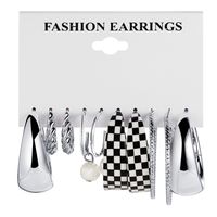 Women's Checkerboard Plaid Pearl Pendant Silver Earrings 5-piece Set main image 1