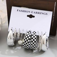 Women's Checkerboard Plaid Pearl Pendant Silver Earrings 5-piece Set main image 3