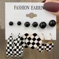 Women's Checkerboard Plaid Pearl Pendant Silver Earrings 5-piece Set sku image 1