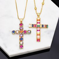 Fashion Hip Hop Micro-inlaid Color Zircon Cross Copper Necklace main image 1