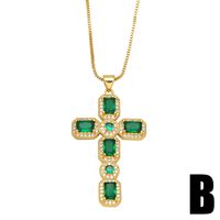 Fashion Female Hip Hop Peacock Green Zircon Cross Pendant Copper Necklace sku image 2