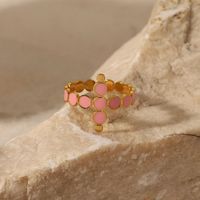 Fashion 18k Gold Plated Stainless Steel Pink Drip Circle Cross Opening Ring main image 5