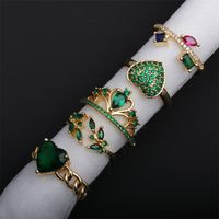 Fashion Copper Micro Inlay Green Opening Adjustable Water Drop Heart  Zircon Ring main image 1
