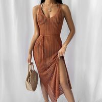 Women's Irregular Skirt Sexy V Neck Hollow Out Backless Sleeveless Solid Color Maxi Long Dress Beach main image 4