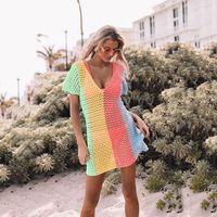 New Women's Color Matching Sexy Hollow Out V-neck Knitting Bikini Sun Shield Long Blouse main image 5