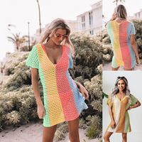 New Women's Color Matching Sexy Hollow Out V-neck Knitting Bikini Sun Shield Long Blouse main image 4
