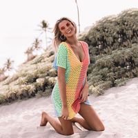 New Women's Color Matching Sexy Hollow Out V-neck Knitting Bikini Sun Shield Long Blouse main image 1