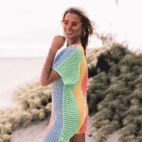 New Women's Color Matching Sexy Hollow Out V-neck Knitting Bikini Sun Shield Long Blouse sku image 6