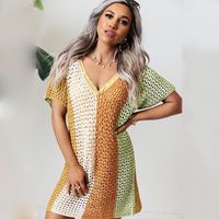 New Women's Color Matching Sexy Hollow Out V-neck Knitting Bikini Sun Shield Long Blouse sku image 1