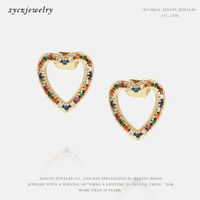Fashion Color Zircon Hollow Heart Stud Earrings Wholesale sku image 1