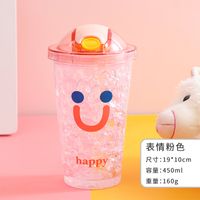Cartoon Plastic Cup Cute Expression Printing Bounce Cup With Straw Girl Tumbler Ice Crushing Children Water Cup sku image 3
