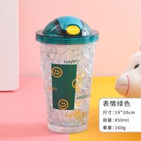 Cartoon Plastic Cup Cute Expression Printing Bounce Cup With Straw Girl Tumbler Ice Crushing Children Water Cup sku image 6