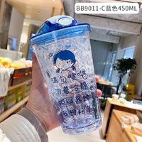 Cartoon Plastic Cup Cute Expression Printing Bounce Cup With Straw Girl Tumbler Ice Crushing Children Water Cup sku image 9