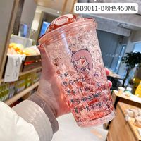 Cartoon Plastic Cup Cute Expression Printing Bounce Cup With Straw Girl Tumbler Ice Crushing Children Water Cup sku image 8