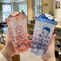 Summer Cartoon Young Girl Student Ice Cup Cold Drink Juice Cool Tumbler Double Layer Straw Cup main image 4