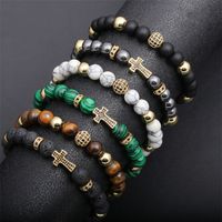 Fashion Copper Micro Inlay Cross Beaded  Tigereye Volcanic Rock Rhinestone Ball Bracelet main image 6