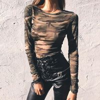 Vintage Mesh Top Women's New Camouflage Long-sleeved T-shirt sku image 4