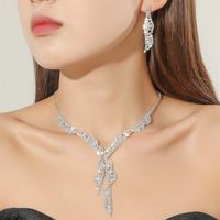 Fashion Bridal Zircon Necklace Set Leaf Diamond Earring Jewelry Set sku image 1