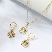 Fashion Simple Cute Inlaid Zircon Copper-plated Gold Color Hollow Peace Tree Necklace Earrings Set main image 1