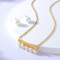 New Simple Fashion Gold Plated Lovely White Beads Alloy Necklace Earrings Set sku image 1