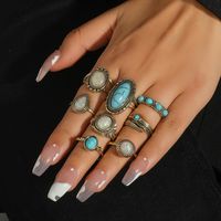 Vintage Alloy Inlaid Turquoise Geometric Ring Set Of 8 sku image 2