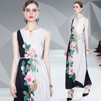 2022 Summer European And American New V-neck Lace-up Print Sleeveless Long Dress Women's Clothing sku image 1