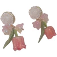 2022 New Fashion Pink Flowers Oil Painting Resin Eardrop Earring main image 5