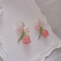 2022 New Fashion Pink Flowers Oil Painting Resin Eardrop Earring sku image 1