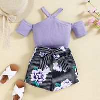 New Girls' Sling Sunken Stripe Top Printed Shorts Children's Clothing Set main image 3