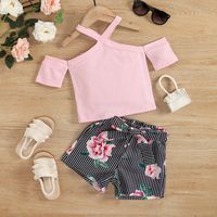 New Girls' Sling Sunken Stripe Top Printed Shorts Children's Clothing Set sku image 6