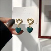 Fashion Simple Sweet Double Heart Shaped Dark Green Drop Oil Earrings main image 4