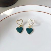 Fashion Simple Sweet Double Heart Shaped Dark Green Drop Oil Earrings sku image 1