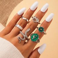 Vintage Snake Green Dripping Oil Color Flower Heart Ring 6-piece Set main image 1