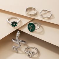 Vintage Snake Green Dripping Oil Color Flower Heart Ring 6-piece Set main image 3