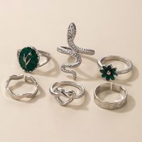 Vintage Snake Green Dripping Oil Color Flower Heart Ring 6-piece Set main image 4
