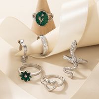 Vintage Snake Green Dripping Oil Color Flower Heart Ring 6-piece Set main image 5