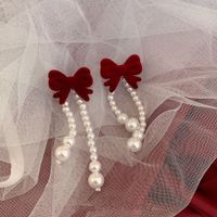 Pearl Velvet Wine Red Bow Retro Alloy Earrings Ear Clips main image 1