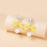 Simple Long Tassel Bow Pearl Diamond Earrings main image 1