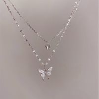 Fashion Double Rhinestone Butterfly Pendent Alloy Necklace main image 3